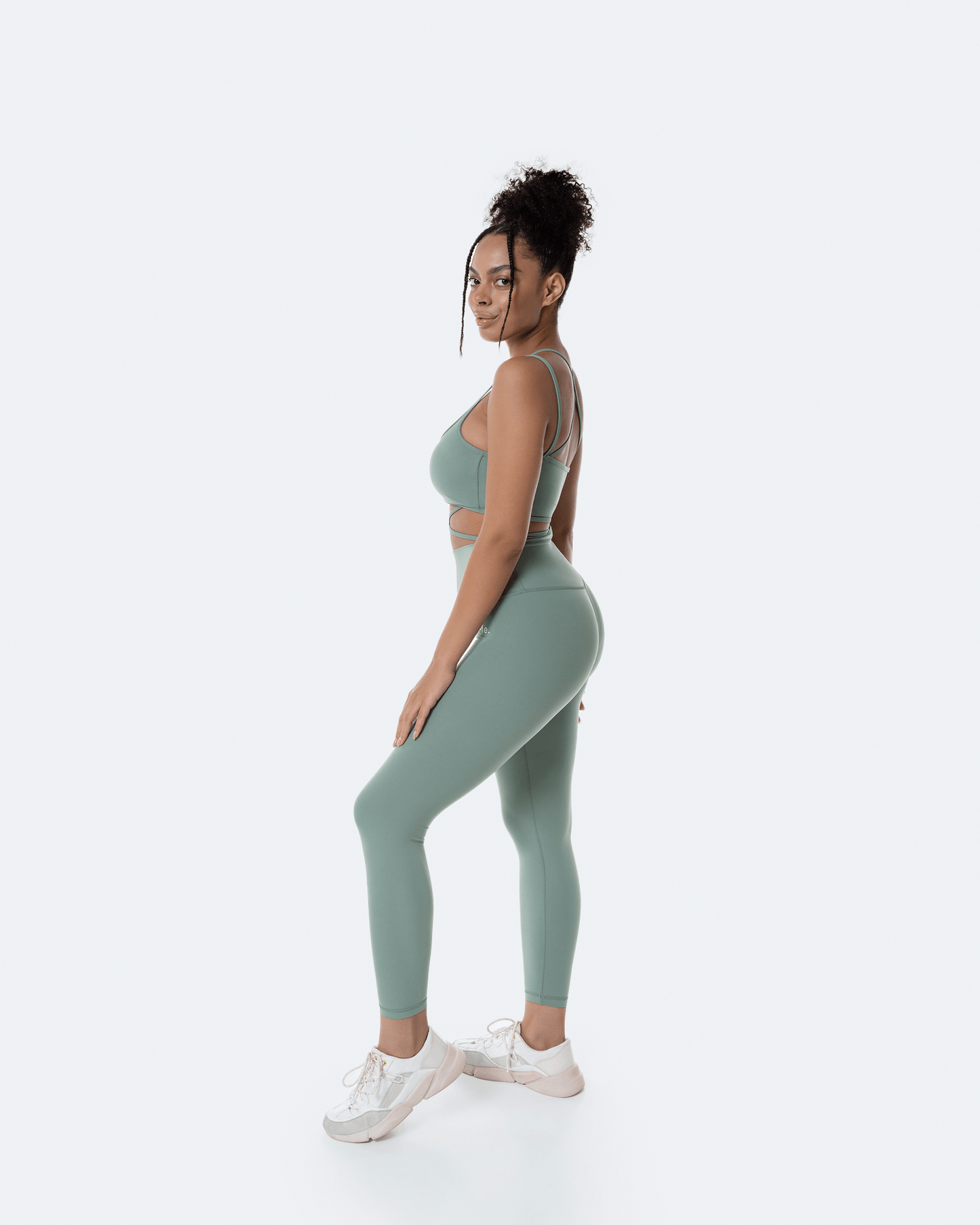 Fresh Green Strappy Front Top and ⅞ Leggings Sports Set